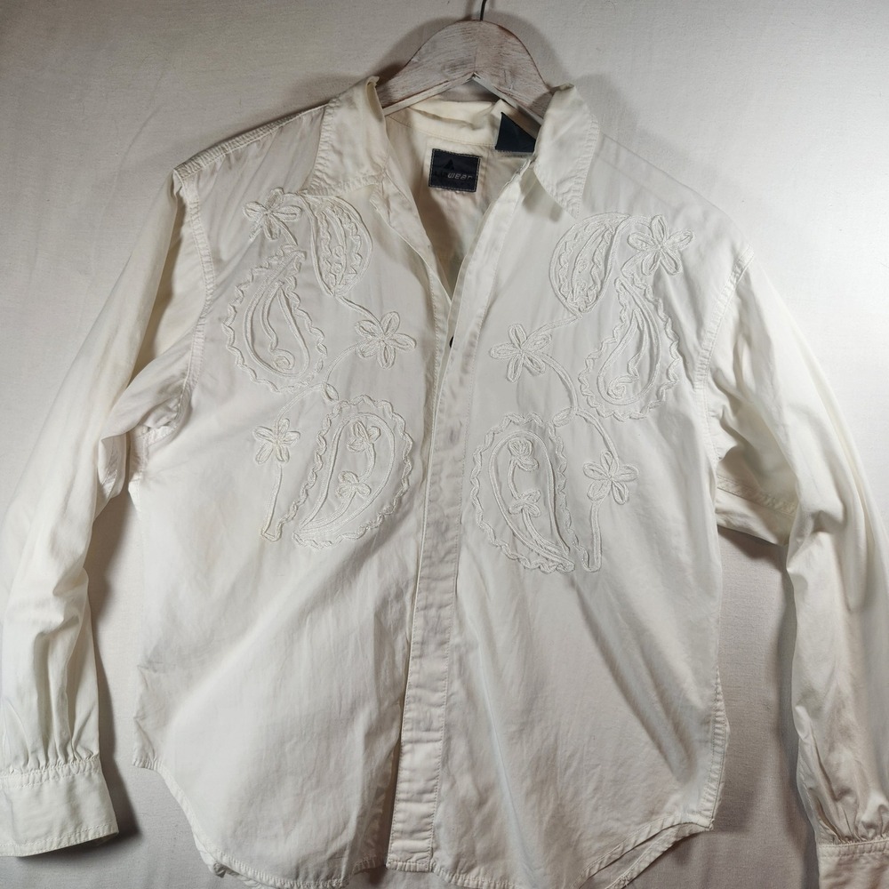 Lizwear y2k western‎ style Petite White Cotton Embroidered Paisley Button Down